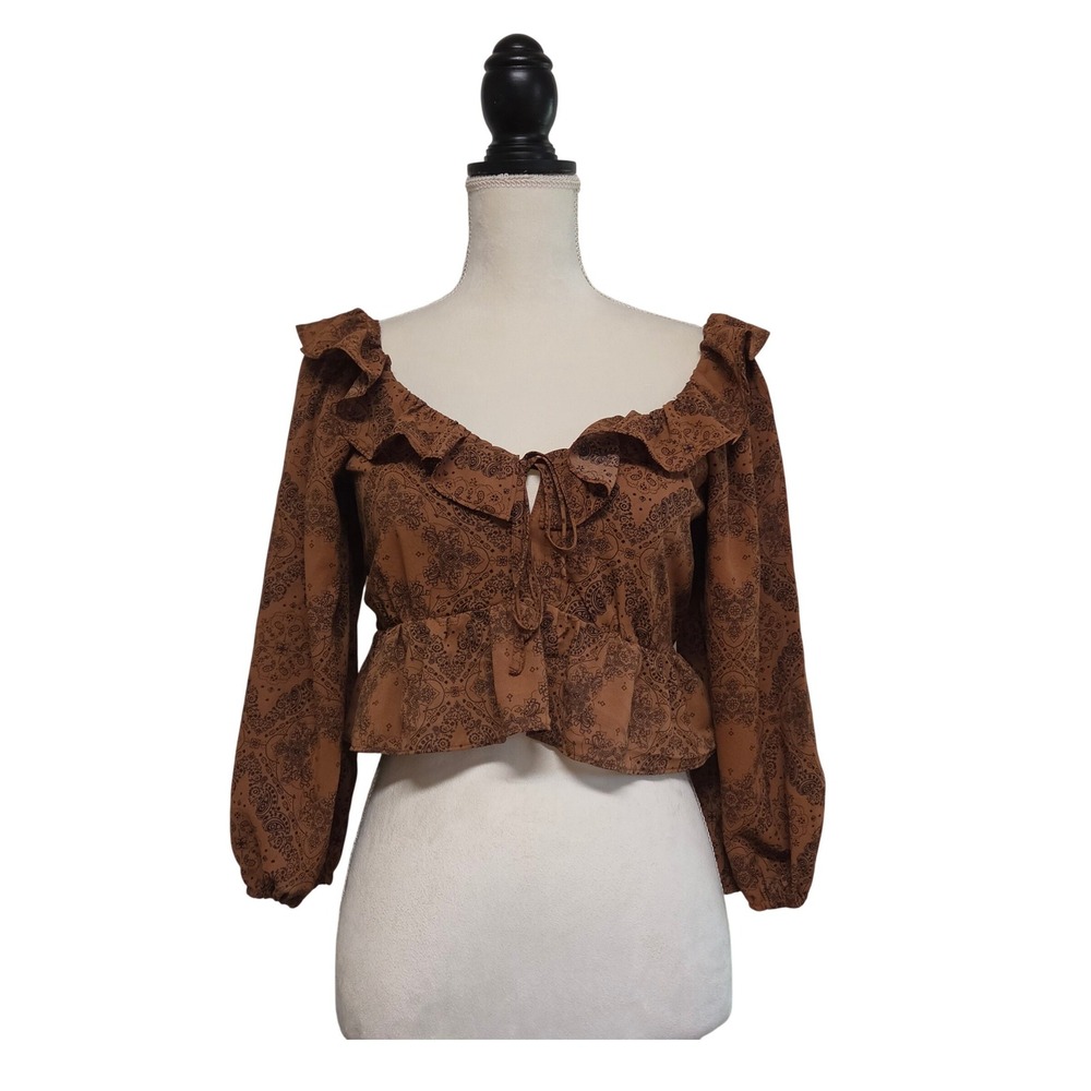 Papaya Brown Paisley Ruffle Tie Front Crop Top Size S Whimsigoth Retro Hippie